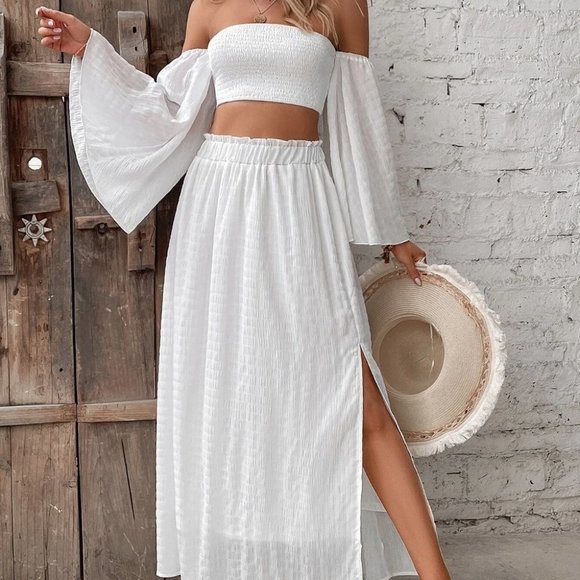 White Preppy Womens Off Shoulder Shirred Crop Top & Frill Trim Split Thigh Skirt - Picture 3 of 5